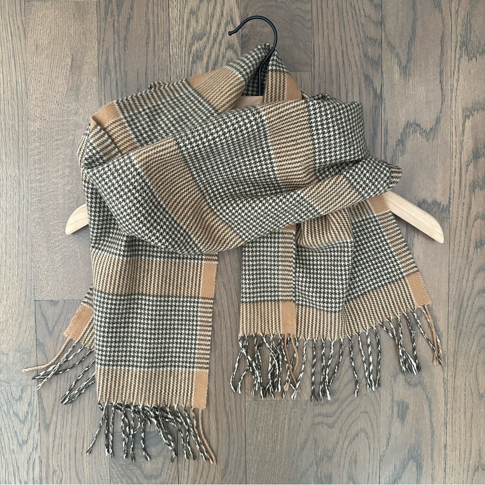 Vintage Made in Scotland 100% Cashmere Houndstooth Scarf Brown, Tan, Cream 69"l